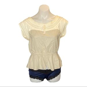 Anthropologie HD in Paris Top Blouse Short Sleeve Ribbon Tie Cinched Waist